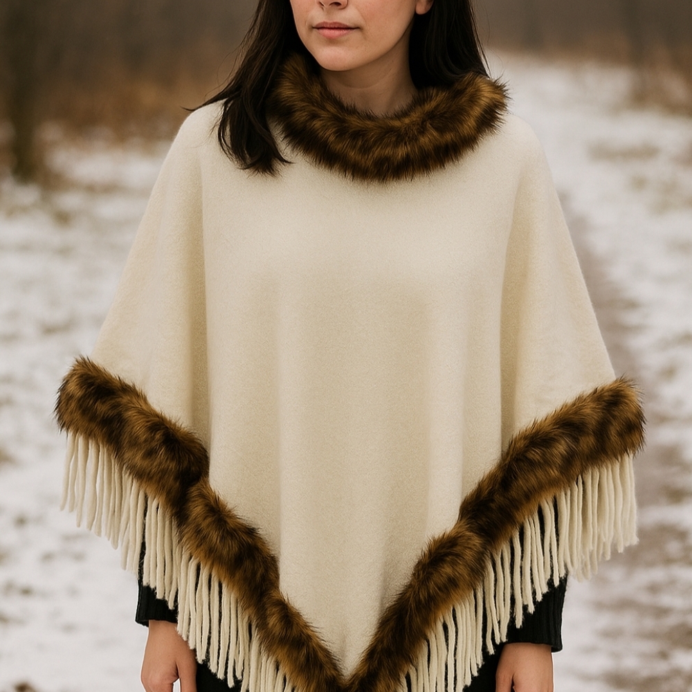 ✨ Cherie Bliss Faux Fur Trim Poncho – Cream/Off Wite with Fringe ✨